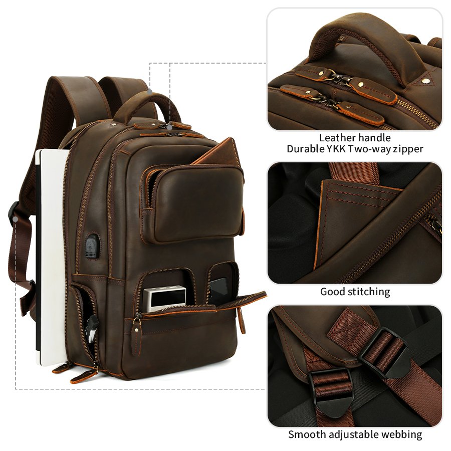 Custom LOGO Vintage Cowhide Laptop Back Pack Travel Bag Men Crazy Horse Real Genuine Leather Backpack With USB Charging Port