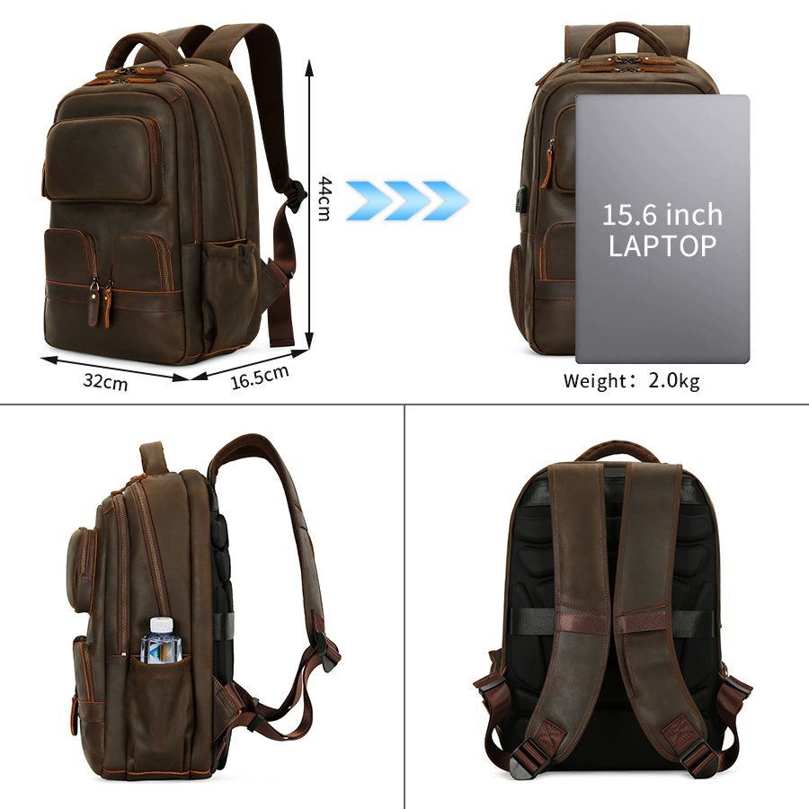 Custom LOGO Vintage Cowhide Laptop Back Pack Travel Bag Men Crazy Horse Real Genuine Leather Backpack With USB Charging Port