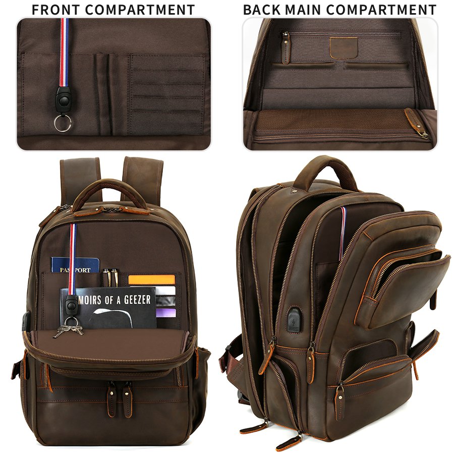 Custom LOGO Vintage Cowhide Laptop Back Pack Travel Bag Men Crazy Horse Real Genuine Leather Backpack With USB Charging Port