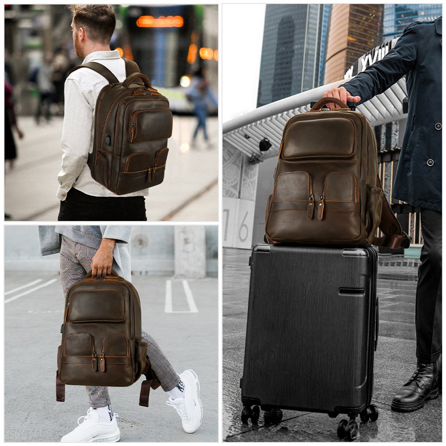 Custom LOGO Vintage Cowhide Laptop Back Pack Travel Bag Men Crazy Horse Real Genuine Leather Backpack With USB Charging Port