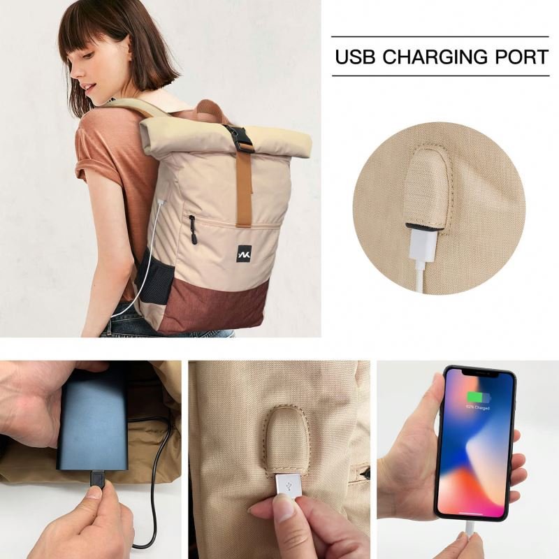 Women's Roll-top Casual Day Pack Backpack Waterproof Laptop Backpack with USB Charging Port & Anti-theft Pocket