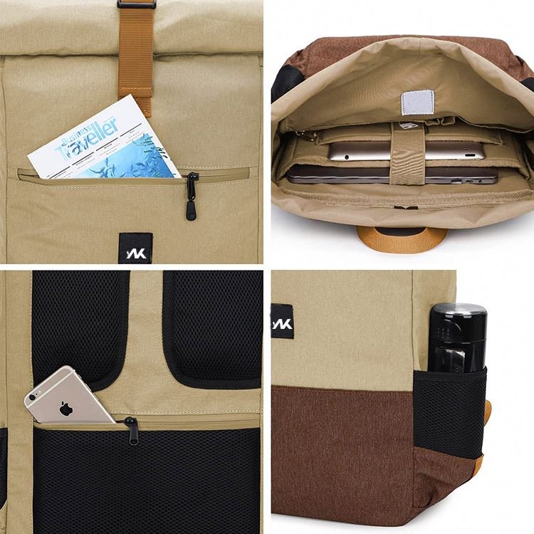Women's Roll-top Casual Day Pack Backpack Waterproof Laptop Backpack with USB Charging Port & Anti-theft Pocket