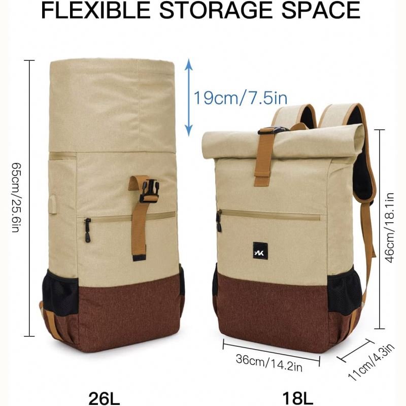 Women's Roll-top Casual Day Pack Backpack Waterproof Laptop Backpack with USB Charging Port & Anti-theft Pocket