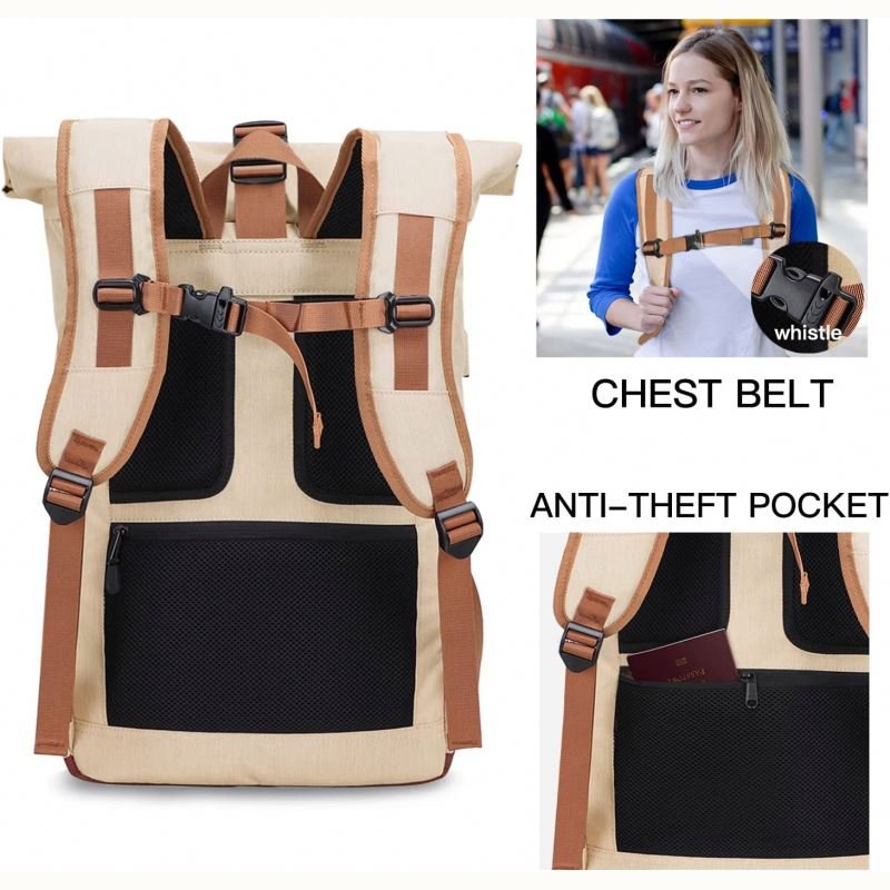 Women's Roll-top Casual Day Pack Backpack Waterproof Laptop Backpack with USB Charging Port & Anti-theft Pocket
