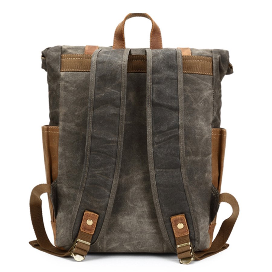 In Stocks Waxed Canvas Rolltop rucksack Leather backpack men Roll top laptop backpack