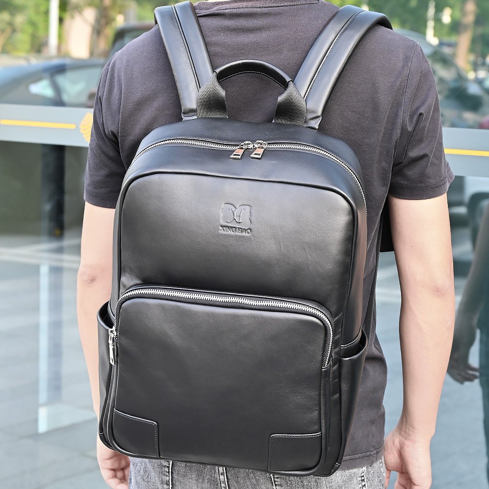 custom high end black men's genuine real cow leather business travel laptop backpack for work