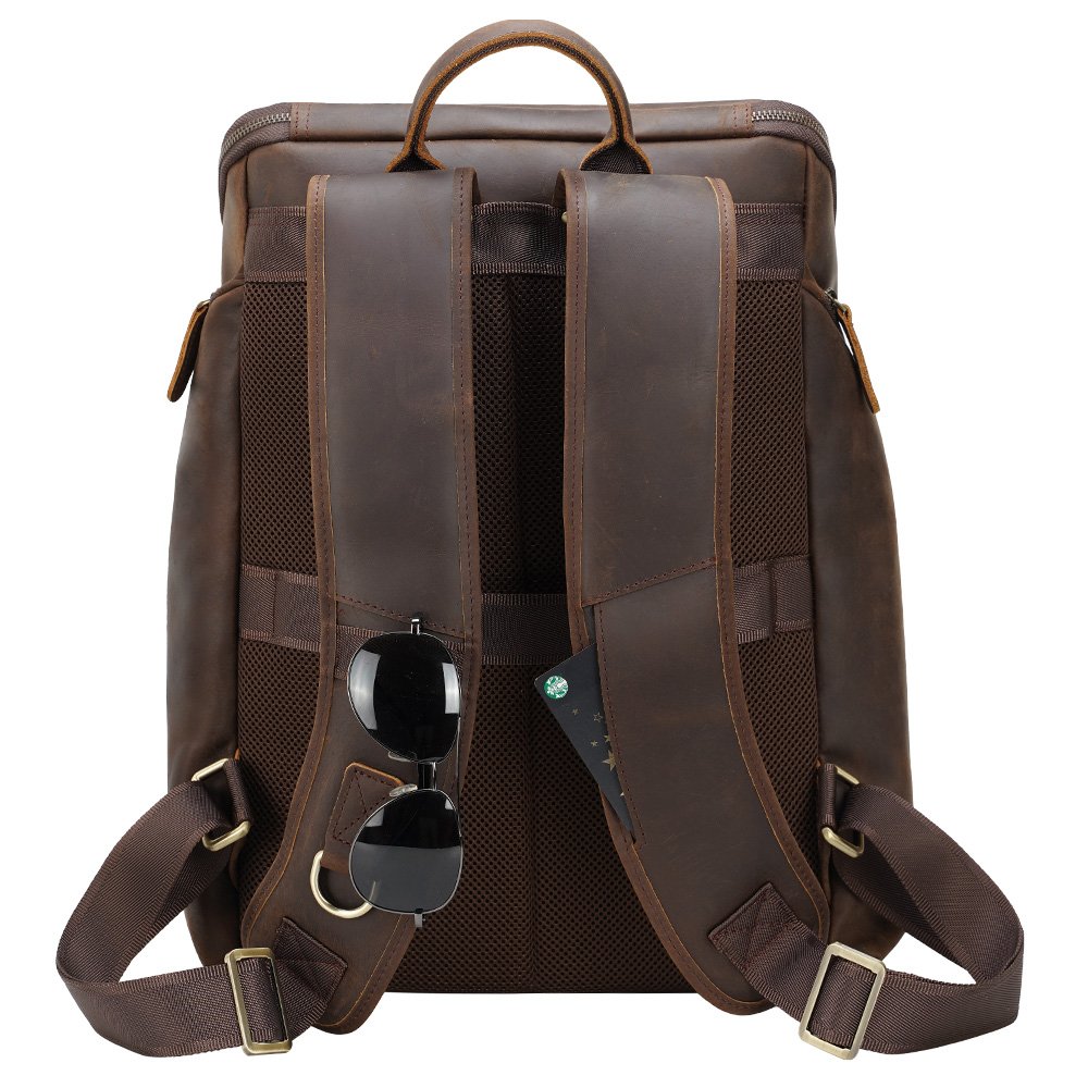 Vintage Style Custom OEM ODM Dark Brown Full Grain Crazy Horse Genuine Leather Bag Men Vintage 15.6 inches Laptop Backpack