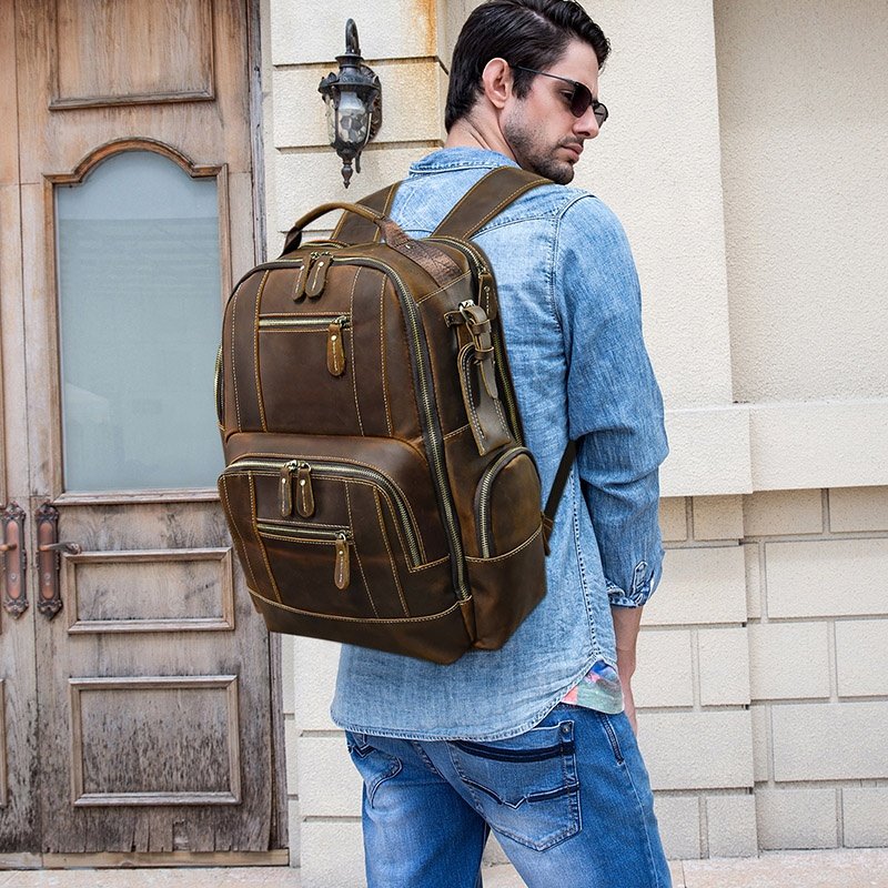 Large Capacity Vintage School Gym Bag Men Genuine Leather Laptop Backpack For Travel Outdoor