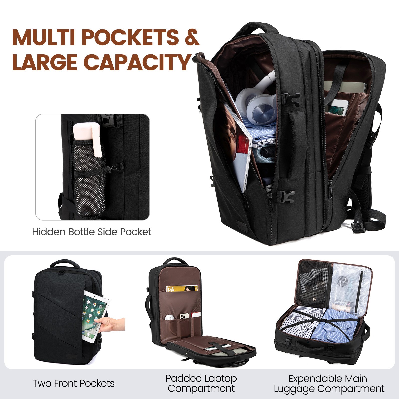 Waterproof 15.6 17 18 inch Men Women Laptop Backpacks Bags with 3 Packing Cubes Large Capacity 40L 50L Travel Backpacks Carry on