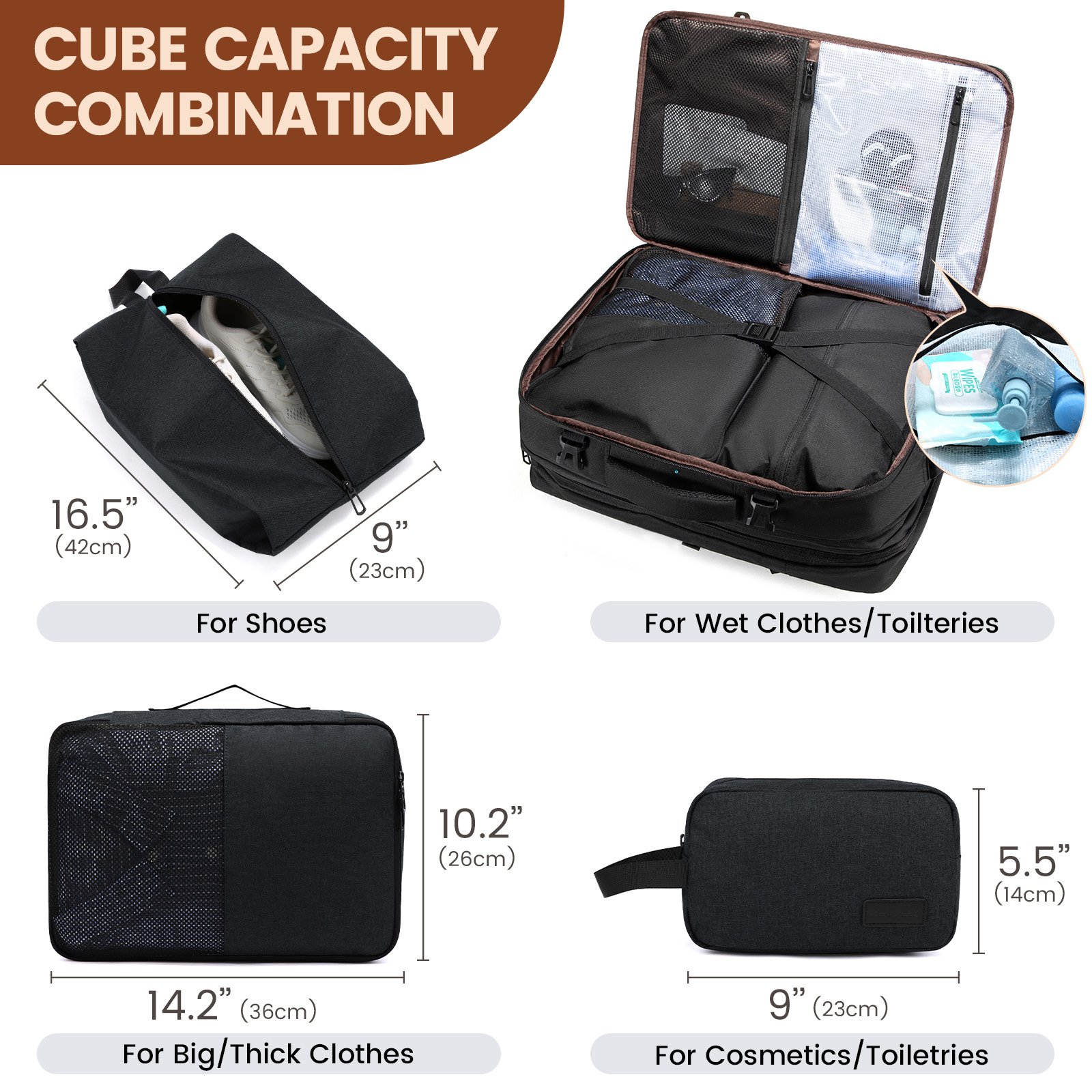 Waterproof 15.6 17 18 inch Men Women Laptop Backpacks Bags with 3 Packing Cubes Large Capacity 40L 50L Travel Backpacks Carry on