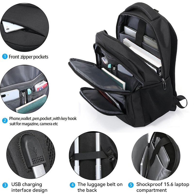 Multifunctional College Student School Computer Bag High Quality Travelling Laptop Backpack with USB Charging Port