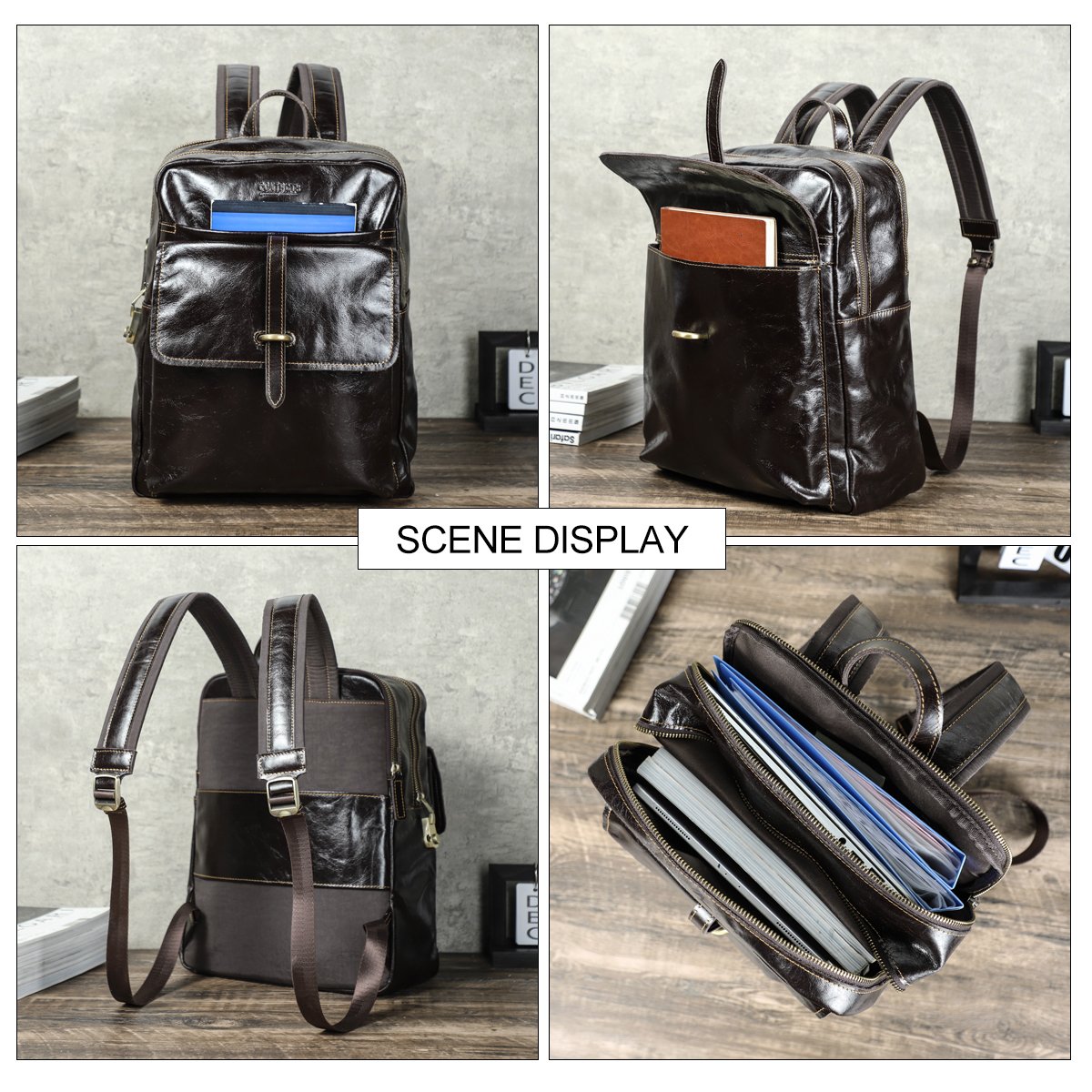 Mens Anti-Theft Genuine Leather 14" Laptop Backpack Bags Full Grain Oil Leather Travel Backpack Rucksack For Men With Coded Lock