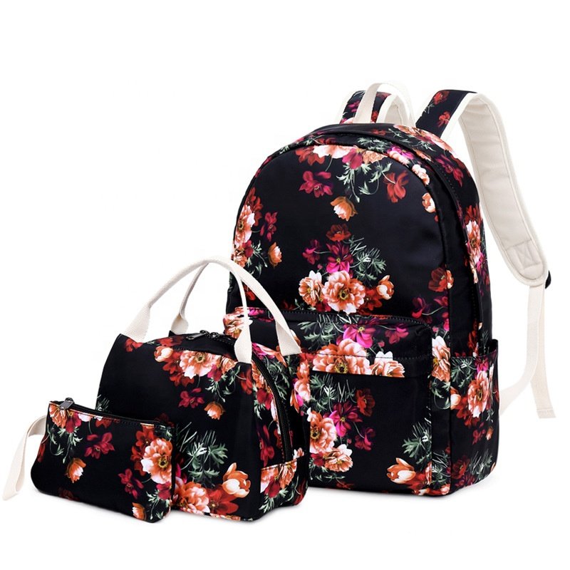 Ethnic style flower print backpack personality small fresh backpack three sets large capacity student schoolbag
