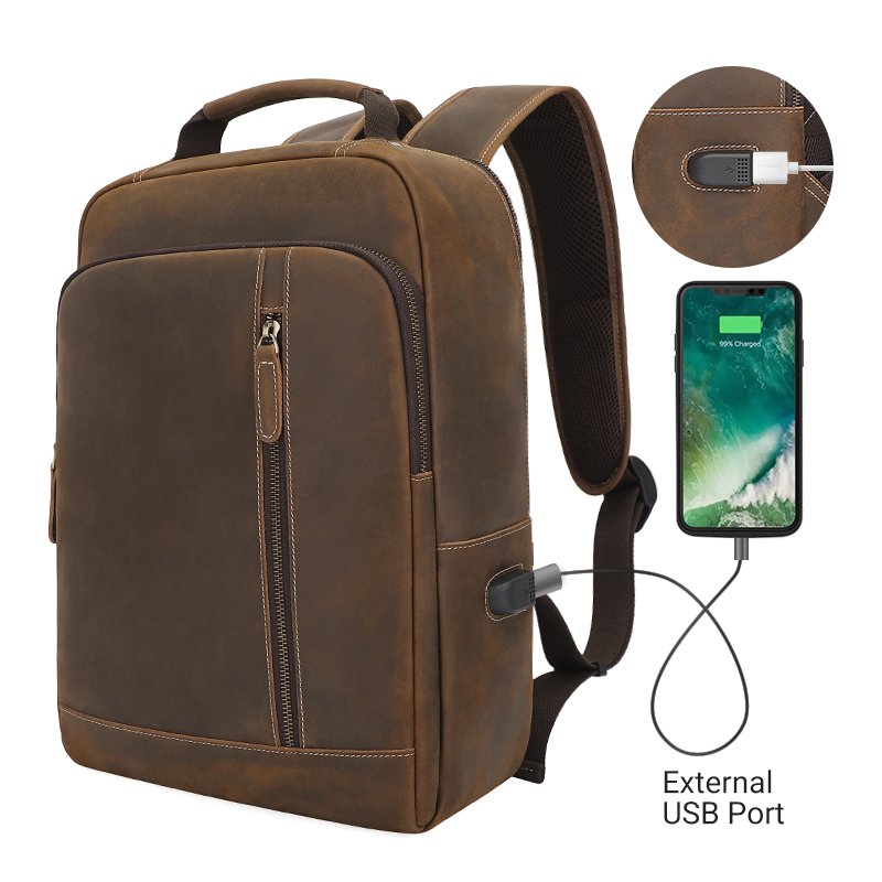 Vintage Custom Men Large Real Crazy Horse Leather Retro Laptop Backpack with usb Genuine Leather Back Bag Travel Backpack