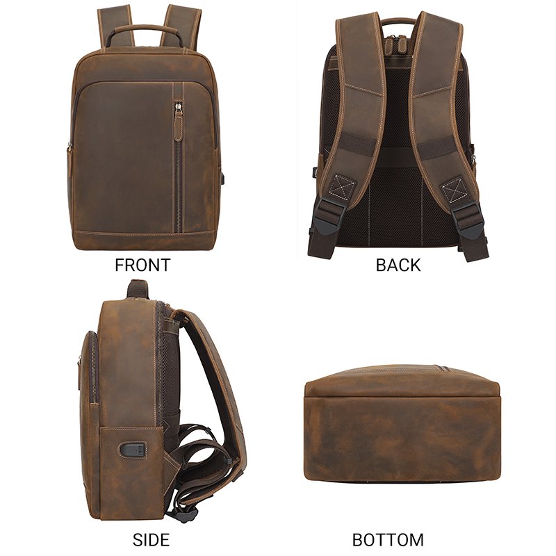 Vintage Custom Men Large Real Crazy Horse Leather Retro Laptop Backpack with usb Genuine Leather Back Bag Travel Backpack