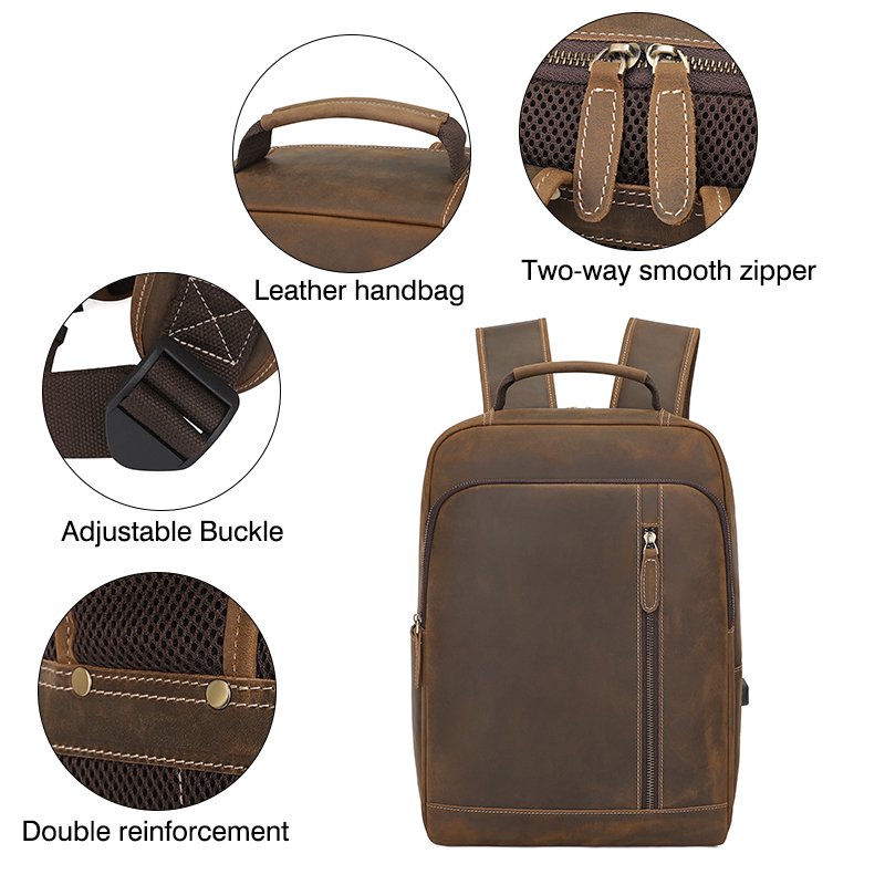 Vintage Custom Men Large Real Crazy Horse Leather Retro Laptop Backpack with usb Genuine Leather Back Bag Travel Backpack