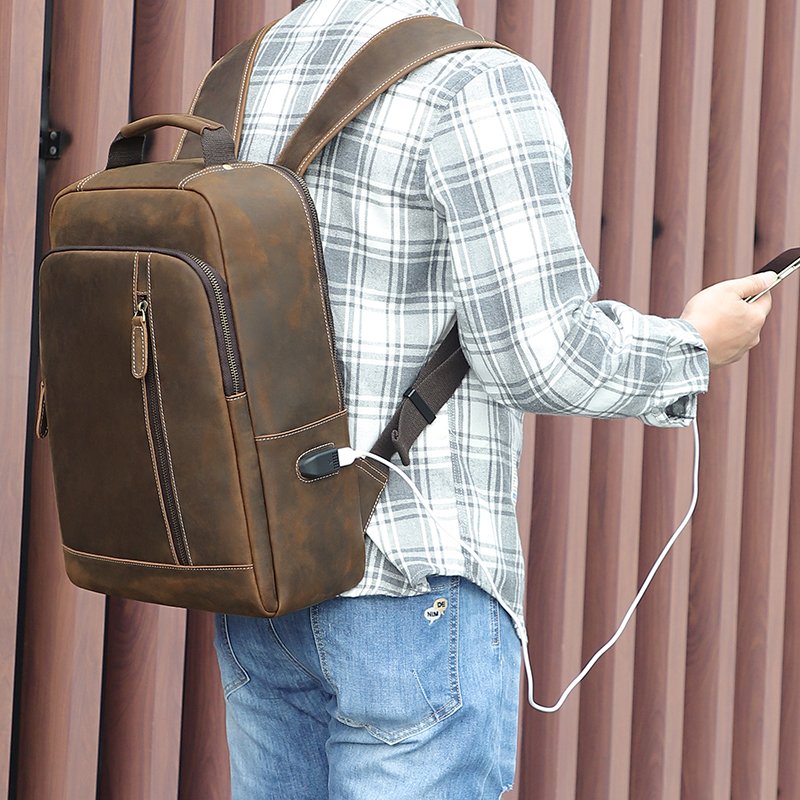 Vintage Custom Men Large Real Crazy Horse Leather Retro Laptop Backpack with usb Genuine Leather Back Bag Travel Backpack