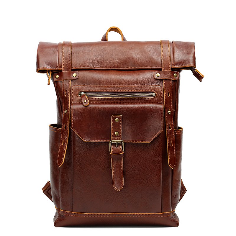2024 Vintage Crazy Horse Leather Back Pack Cowhide Bag Rolltop Outdoor Travel Laptop Genuine Leather Backpack Bag For Men