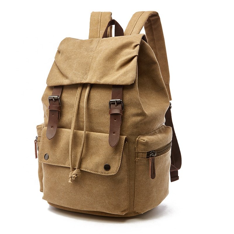 Heavy Leather Trim Canvas Backpack Bag College Laptop Backpacks For Causal School