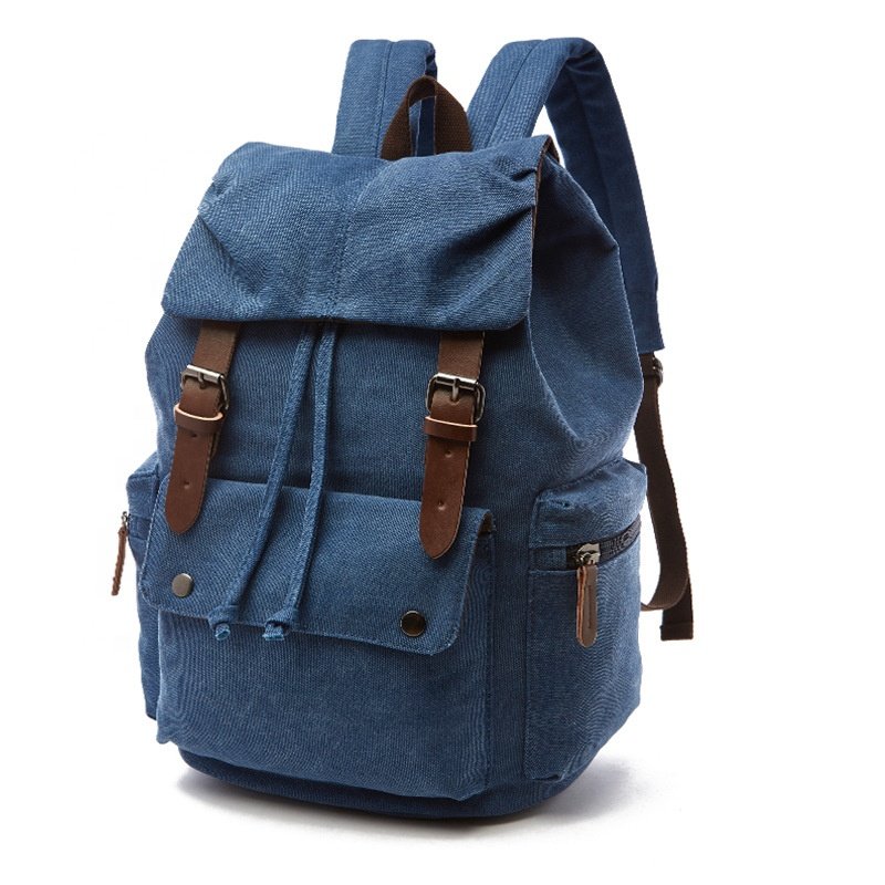 Heavy Leather Trim Canvas Backpack Bag College Laptop Backpacks For Causal School