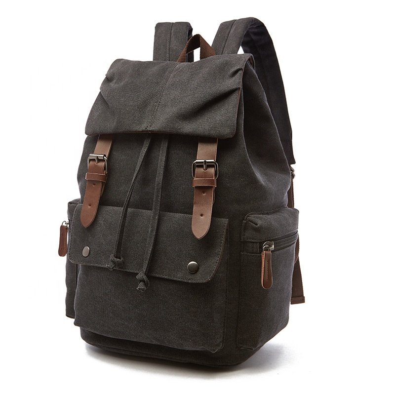 Heavy Leather Trim Canvas Backpack Bag College Laptop Backpacks For Causal School
