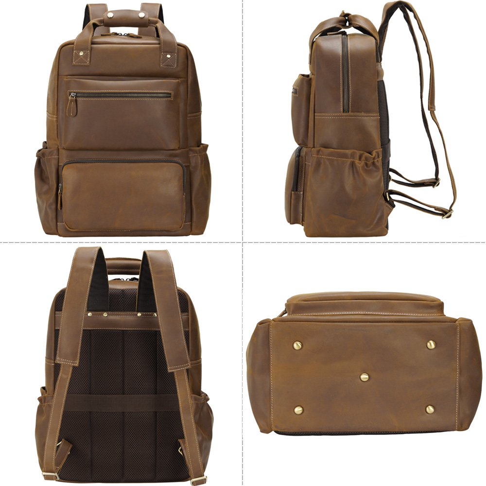 Vintage Classic Crazy Horse Genuine Cow Leather Traveling Back Bag 15.6 inch Laptop Backpack Day School Backpack bag