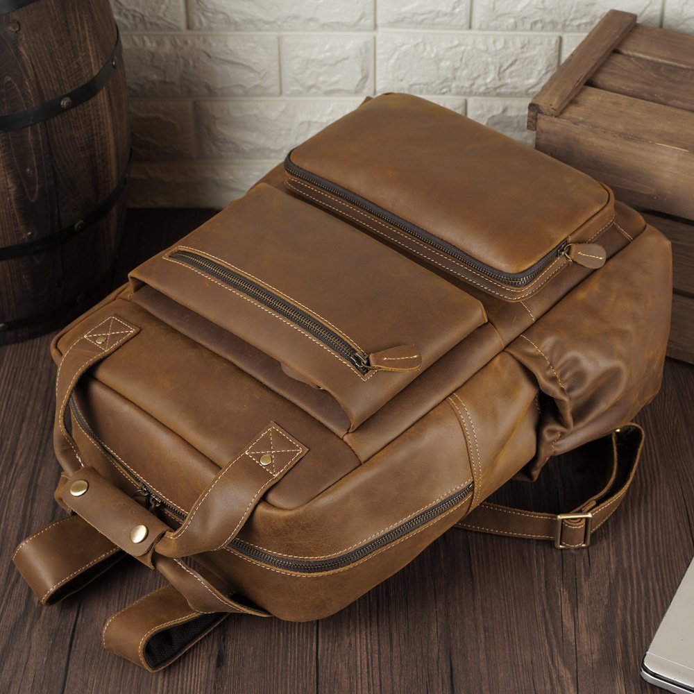Vintage Classic Crazy Horse Genuine Cow Leather Traveling Back Bag 15.6 inch Laptop Backpack Day School Backpack bag