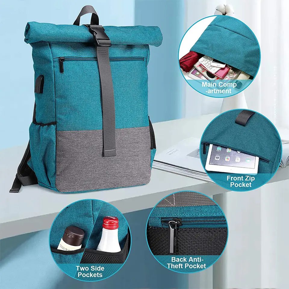 2023 hot sale Roll Up Laptop Daypack OEM logo waterproof Men outdoor travel business backpack with usb charging port
