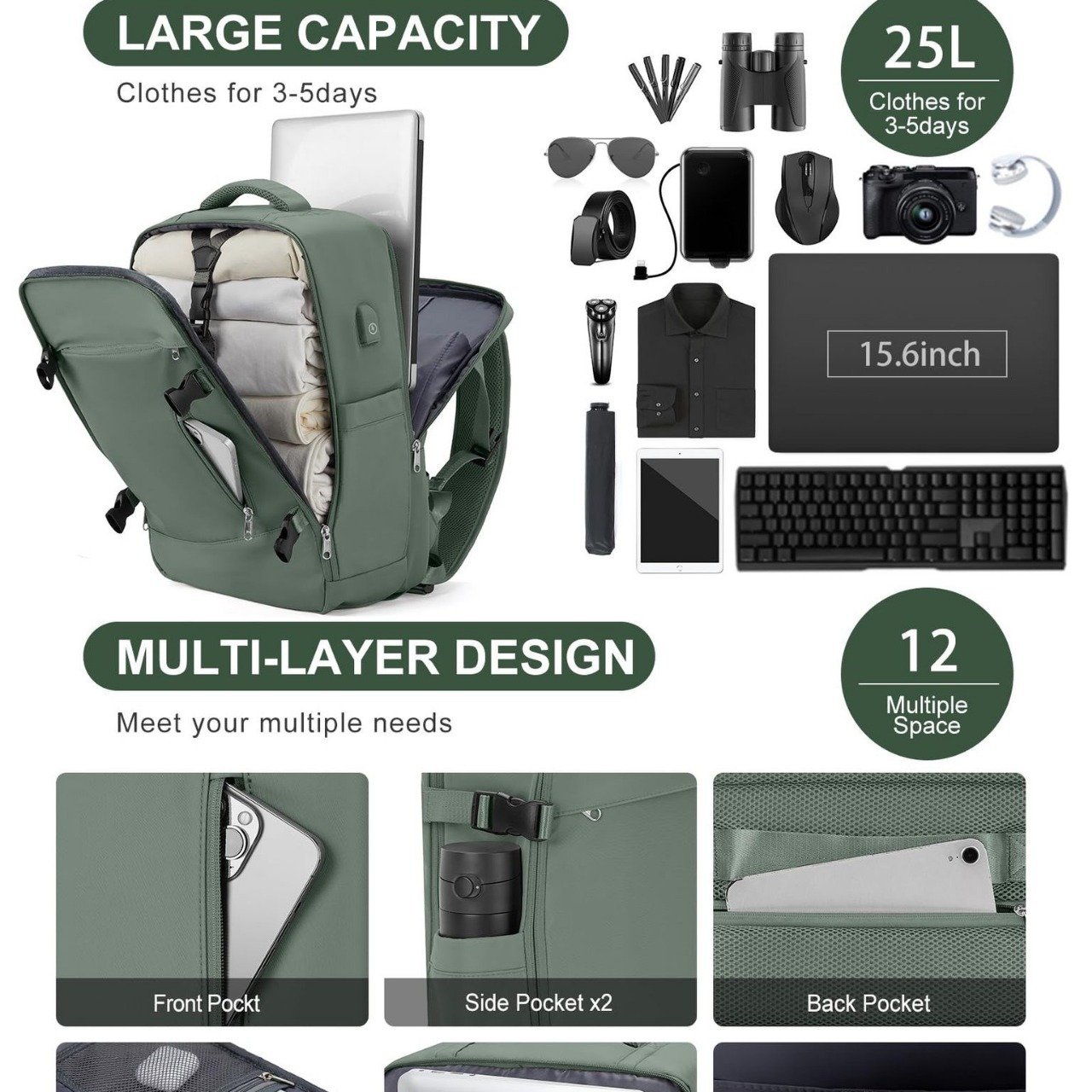 Customized 35L waterproof portable travel backpack laptop bag hiking organizer women bag with USB port