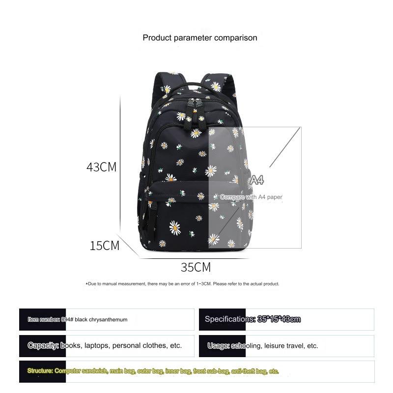 2024 New Flowers Small Daisy Female Fresh Large Capacity Middle Student School Bag Lightweight Waterproof Campus Print Backpack