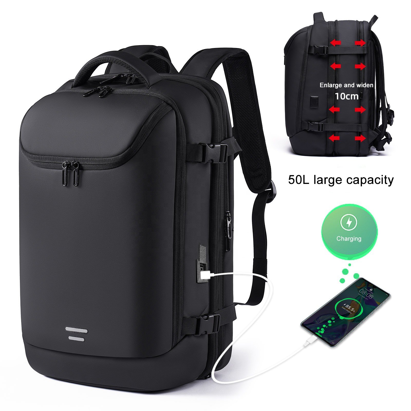 Wholesale OEM Large 50 L Black Backpack Expandable Airline Approved Laptop Backpacks Oxford Waterproof Laptop bag with USB