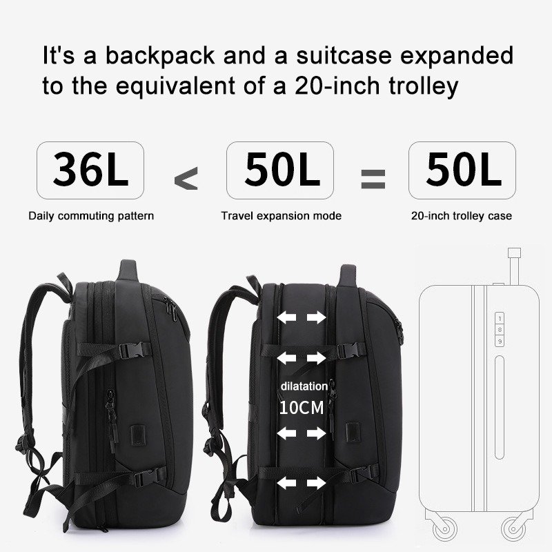 Wholesale OEM Large 50 L Black Backpack Expandable Airline Approved Laptop Backpacks Oxford Waterproof Laptop bag with USB