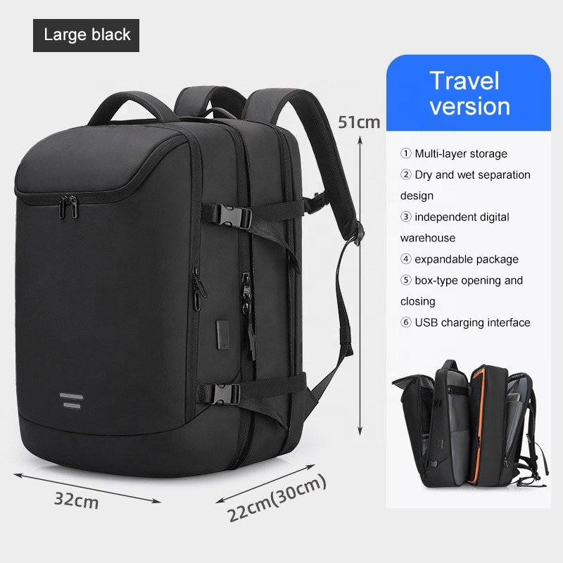 Wholesale OEM Large 50 L Black Backpack Expandable Airline Approved Laptop Backpacks Oxford Waterproof Laptop bag with USB