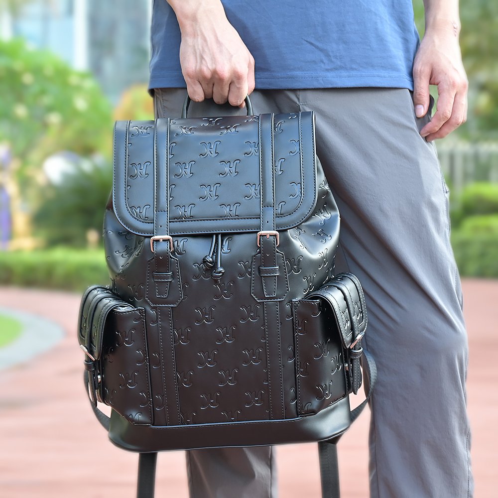 Men Style Trend Custom Logo Embossed Travel Computer Bag Vegan Leather Laptop Backpack For Men