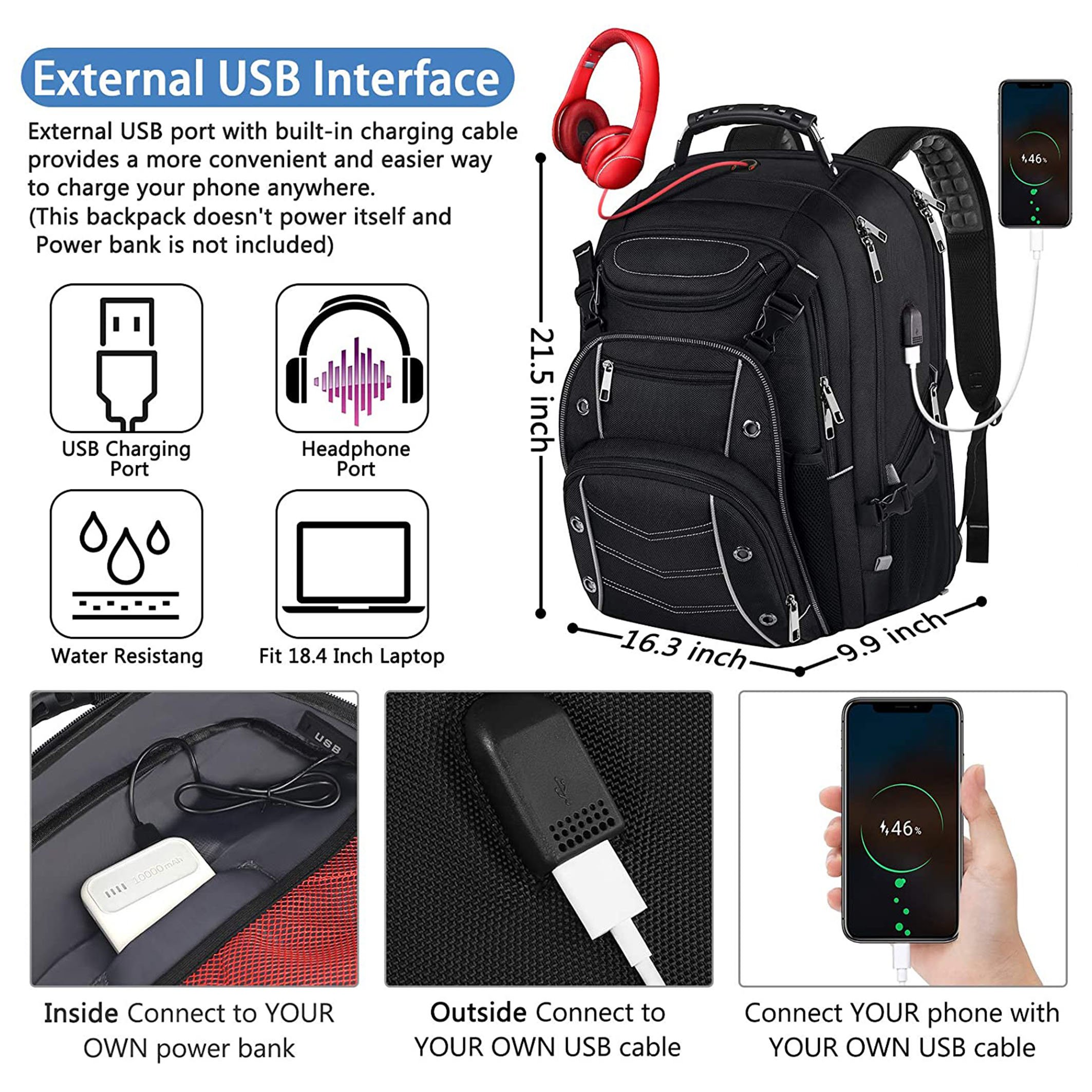 Anti Theft Laptop Backpack with USB Charger Port for Men 55L Extra Large Laptops Backpack