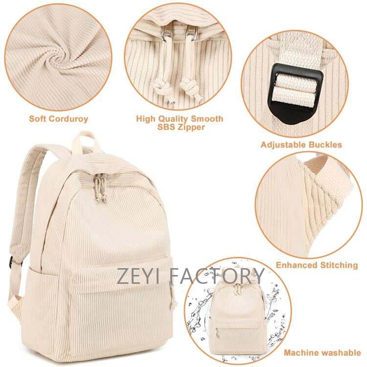 Custom Logo Corduroy Elementary High School Backpack Large Capacity Bookbag Lightweight 17 Inch Laptop Bag For Girls Women