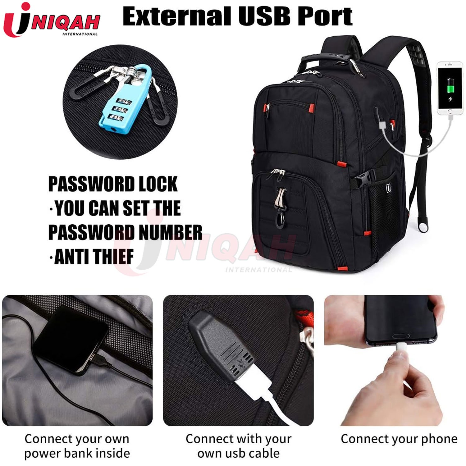 Extra Large 52L Travel Laptop Backpack with USB Charging Port, College Backpack Airline Approved Business Work Bag Black