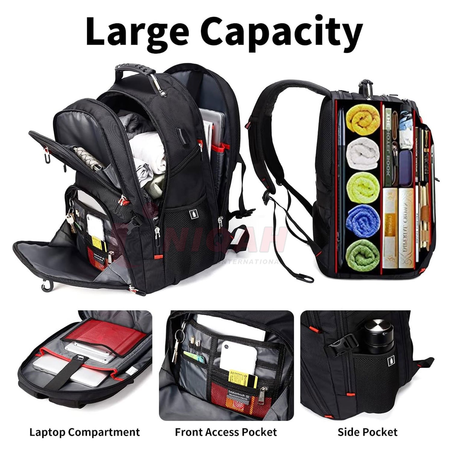 Extra Large 52L Travel Laptop Backpack with USB Charging Port, College Backpack Airline Approved Business Work Bag Black