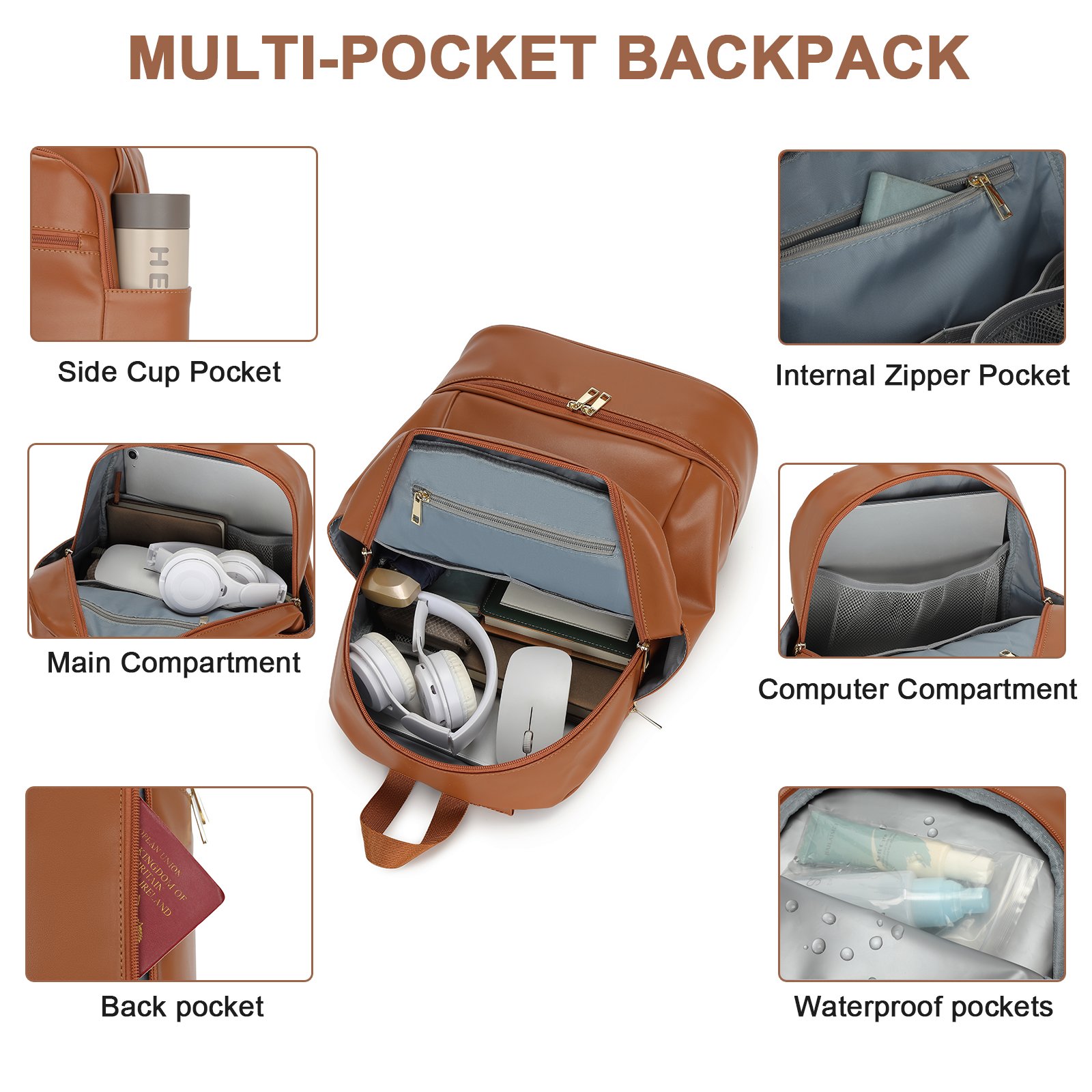 OEM Brown PU Leather Waterproof Travel Backpack with Shoes Compartment Business Laptop Backpack Bags for men