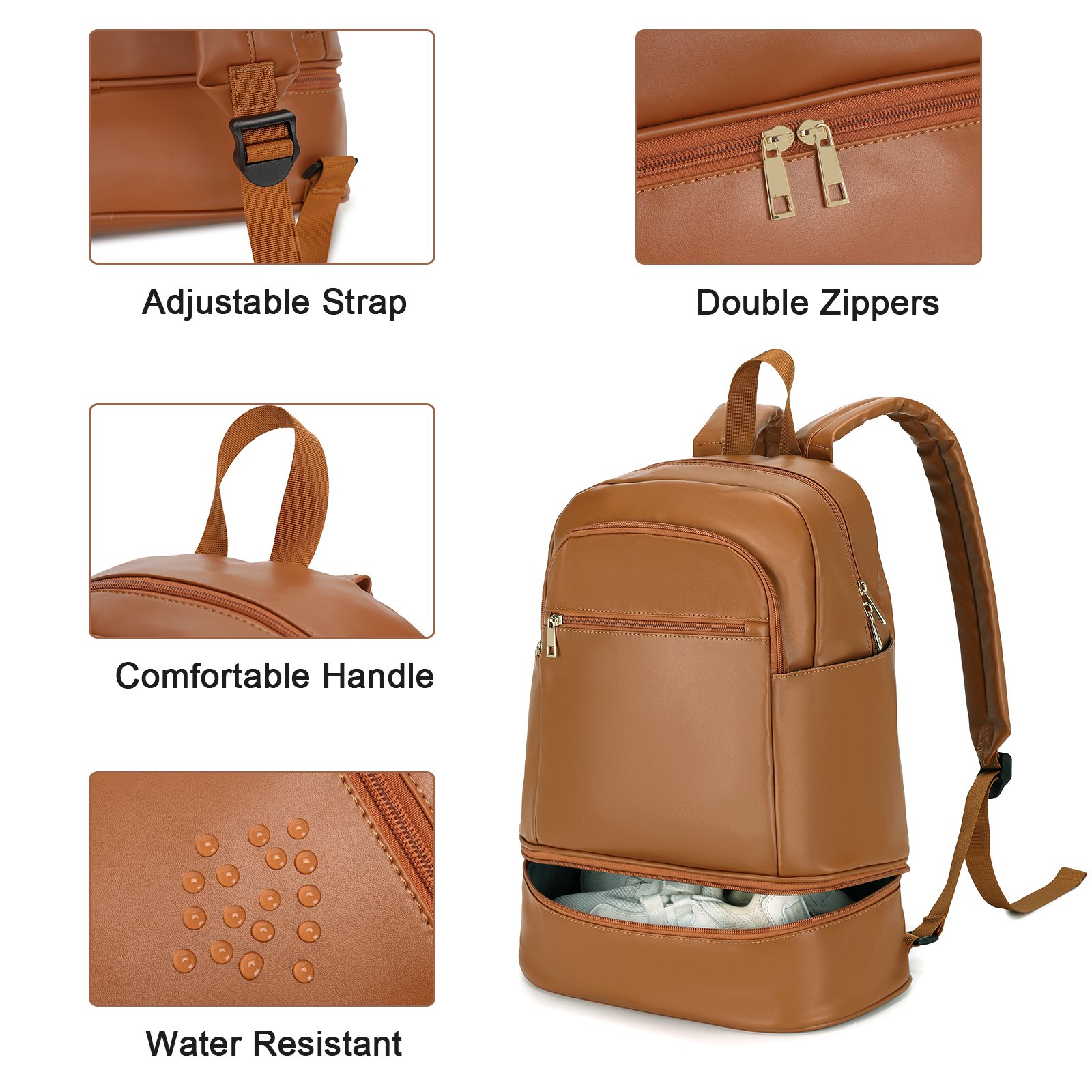 OEM Brown PU Leather Waterproof Travel Backpack with Shoes Compartment Business Laptop Backpack Bags for men