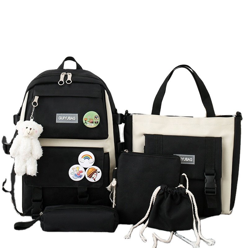 5 pcs set teen backpack Women Laptop Backpack Canvas School Bags For Teenage Girls Kawaii College Student Kids Book Bag Rucksack