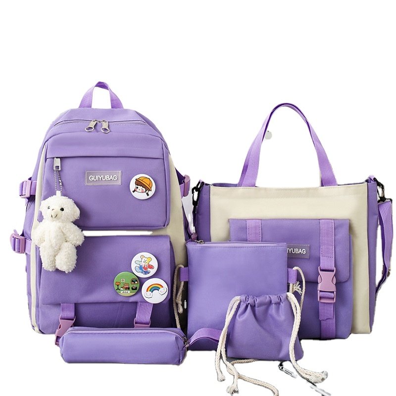 5 pcs set teen backpack Women Laptop Backpack Canvas School Bags For Teenage Girls Kawaii College Student Kids Book Bag Rucksack