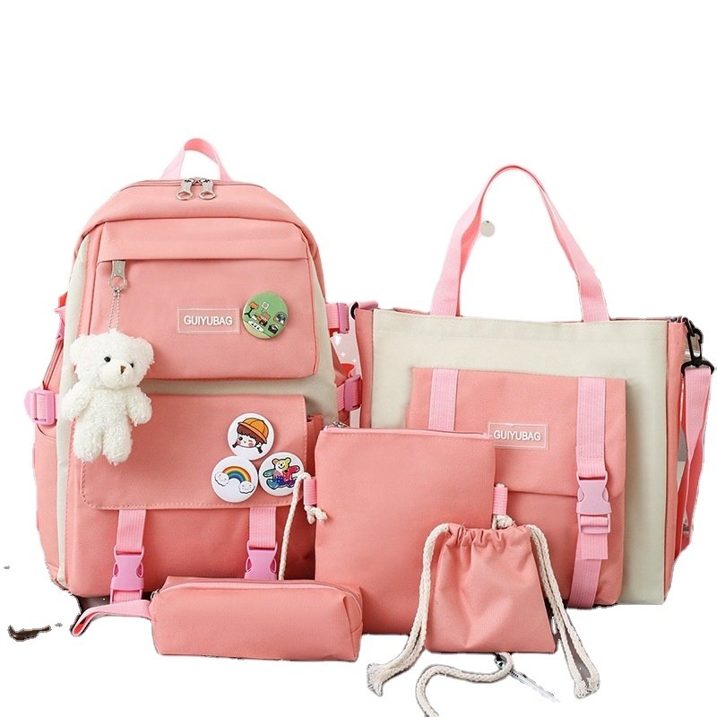 5 pcs set teen backpack Women Laptop Backpack Canvas School Bags For Teenage Girls Kawaii College Student Kids Book Bag Rucksack