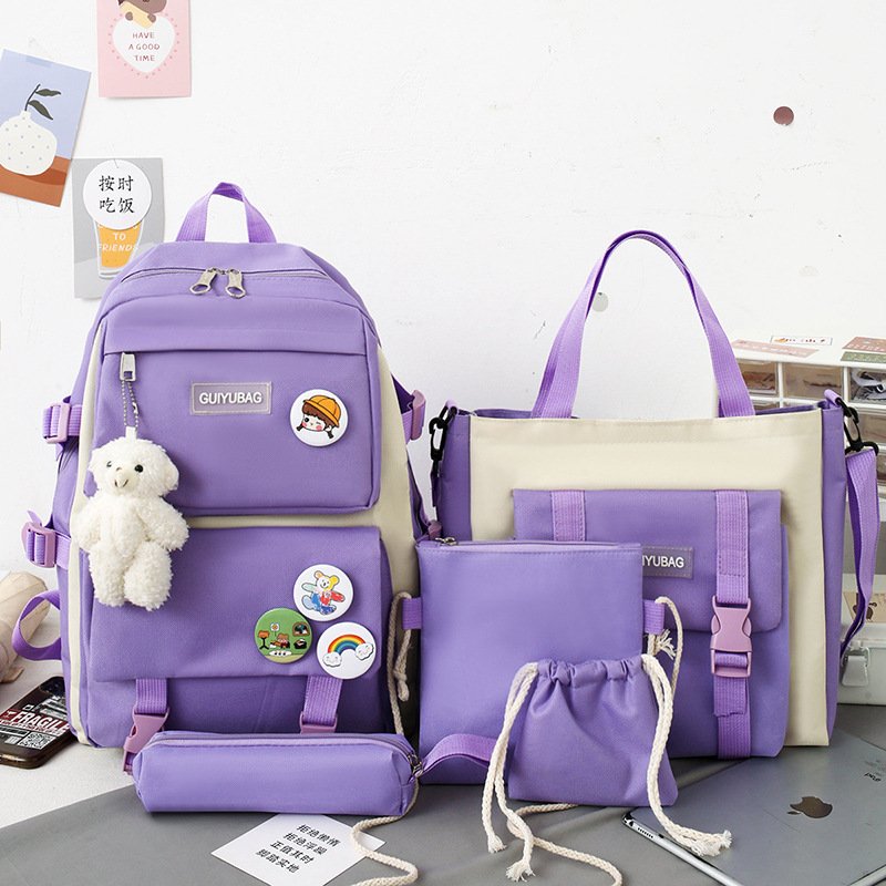 5 pcs set teen backpack Women Laptop Backpack Canvas School Bags For Teenage Girls Kawaii College Student Kids Book Bag Rucksack