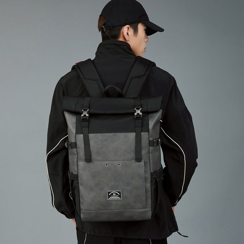 KOOGER Fashion Travel Laptop Backpacks Waterproof Unisex Oxford PU Leather Roll top Backpack for Men Women