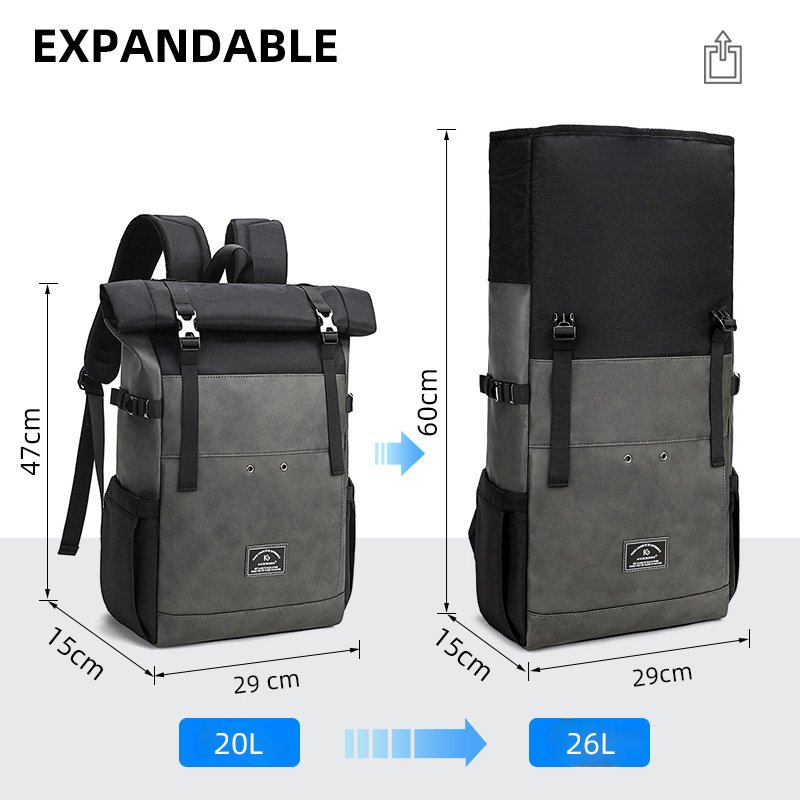 KOOGER Fashion Travel Laptop Backpacks Waterproof Unisex Oxford PU Leather Roll top Backpack for Men Women
