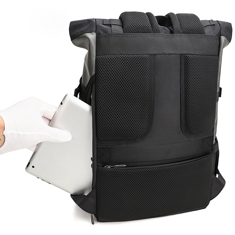 KOOGER Fashion Travel Laptop Backpacks Waterproof Unisex Oxford PU Leather Roll top Backpack for Men Women
