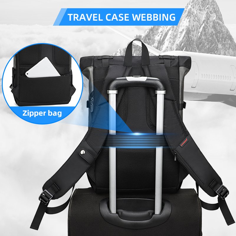 KOOGER Fashion Travel Laptop Backpacks Waterproof Unisex Oxford PU Leather Roll top Backpack for Men Women