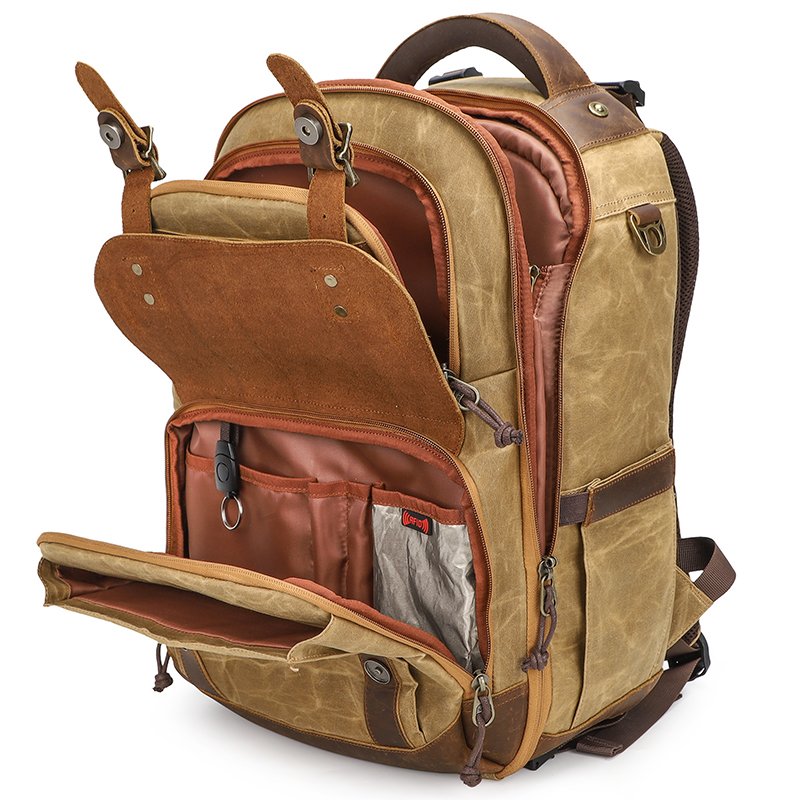 Vintage Waxed Canvas Waterproof Large Video Backpack Digital Gear Camera Bags for Photography Laptop Backpack with USB Port