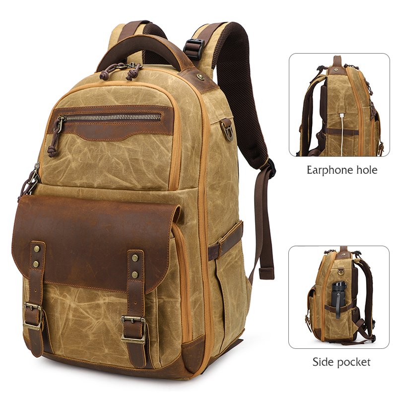Vintage Waxed Canvas Waterproof Large Video Backpack Digital Gear Camera Bags for Photography Laptop Backpack with USB Port